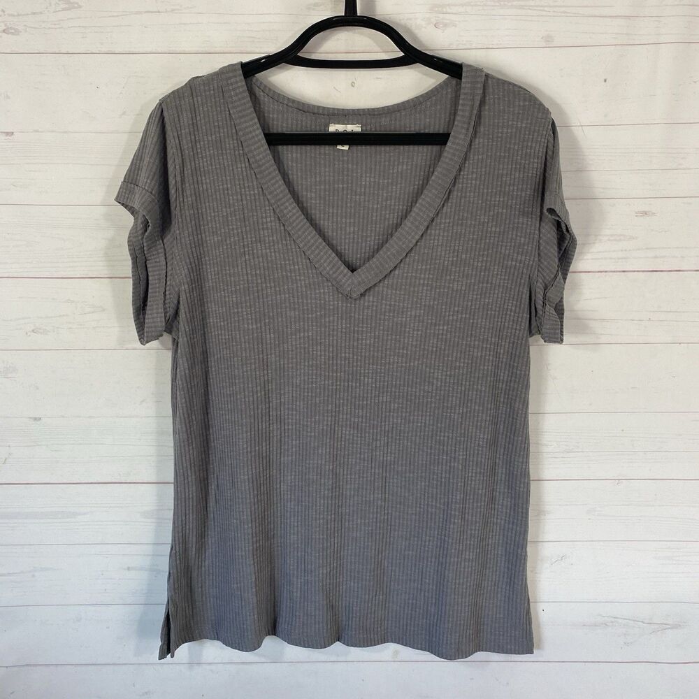 POL Womens Short Sleeve V-Neck Ribbed Top Sz Large Gray Cotton Blend